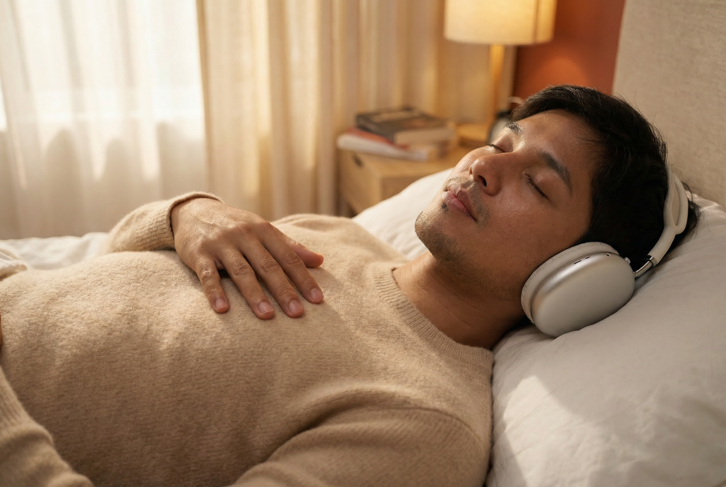 Person peacefully breathing in private bedroom sanctuary
